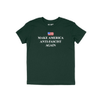 Make America Anti-Fascist Again T-shirt features a distressed American flag above bold lettering, conveying a strong anti-fas