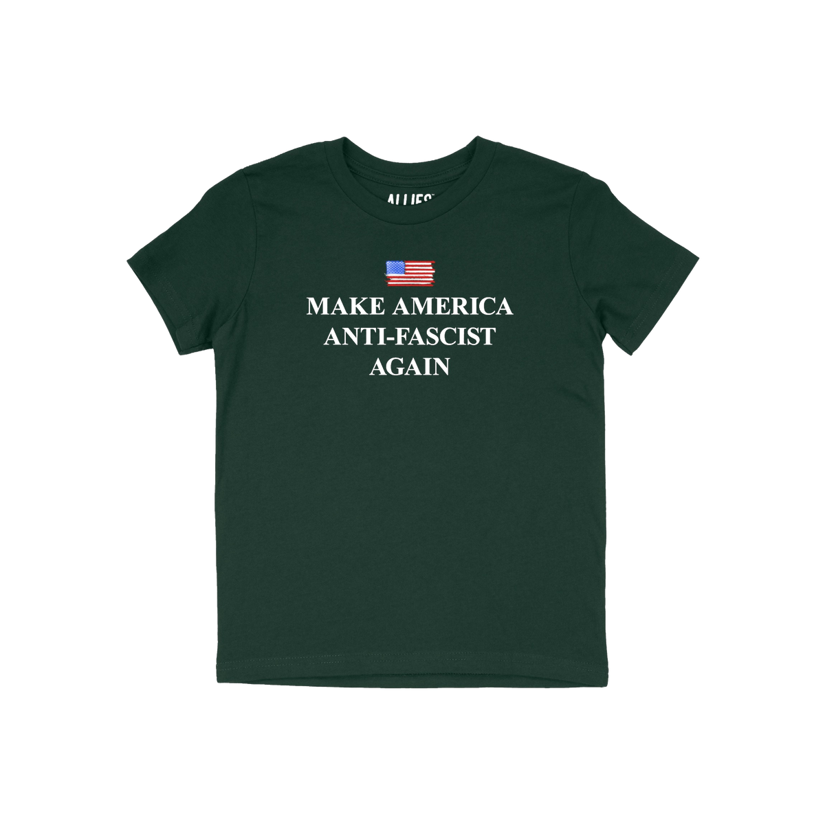 Make America Anti-Fascist Again T-shirt features a distressed American flag above bold lettering, conveying a strong anti-fas