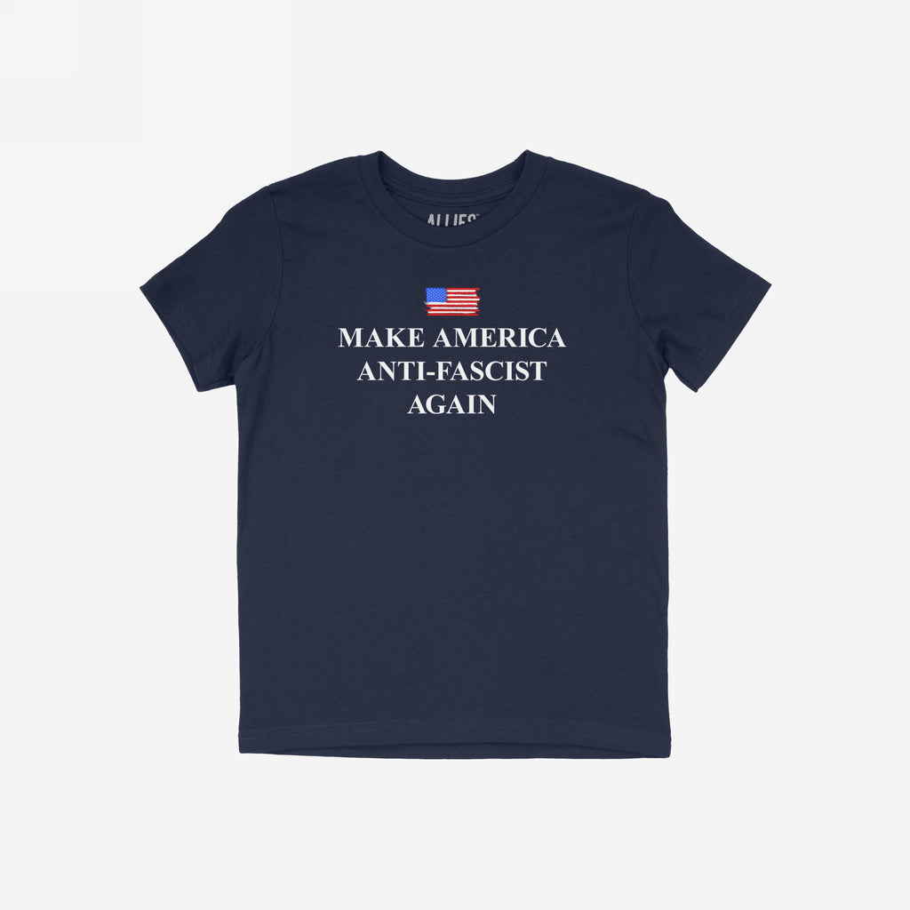 Navy-blue Make America Anti-Fascist Again T-shirt features a distressed U.S. flag above bold serif slogan, embodying a clear stand against fascism and promoting equality.