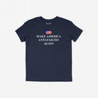 Navy-blue Make America Anti-Fascist Again T-shirt features a distressed U.S. flag above bold serif slogan, embodying a clear stand against fascism and promoting equality.