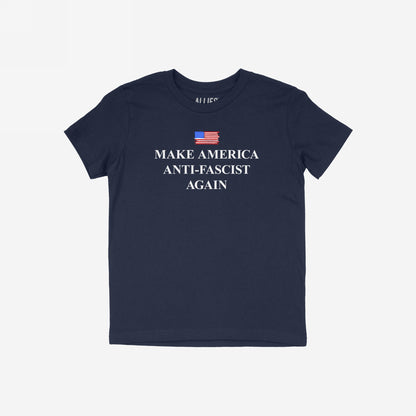 Navy-blue Make America Anti-Fascist Again T-shirt features a distressed U.S. flag above bold serif slogan, embodying a clear stand against fascism and promoting equality.