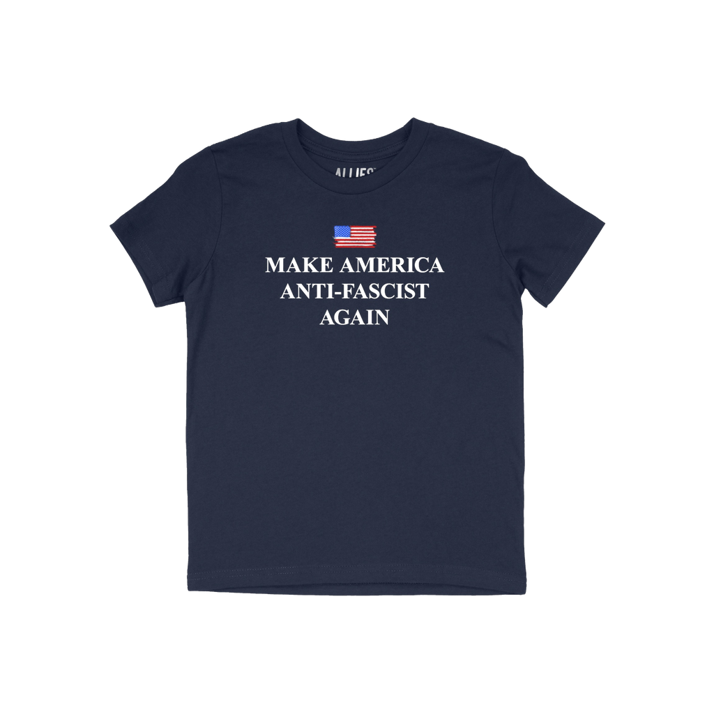 Navy-blue Make America Anti-Fascist Again T-shirt features a distressed U.S. flag above bold serif slogan, embodying a clear