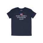 Navy-blue Make America Anti-Fascist Again T-shirt features a distressed U.S. flag above bold serif slogan, embodying a clear