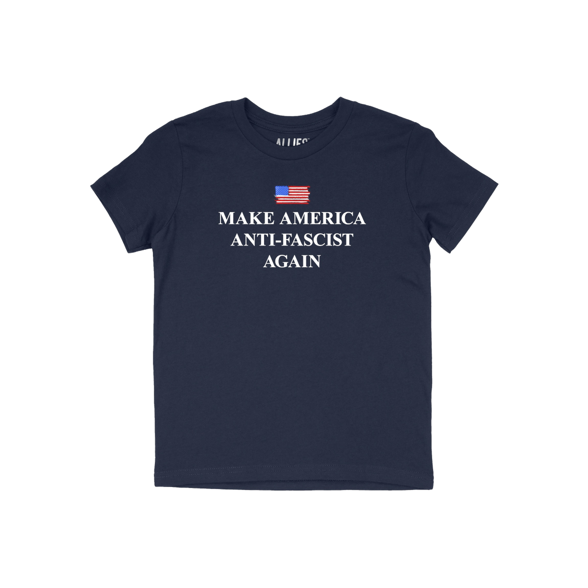 Navy-blue Make America Anti-Fascist Again T-shirt features a distressed U.S. flag above bold serif slogan, embodying a clear