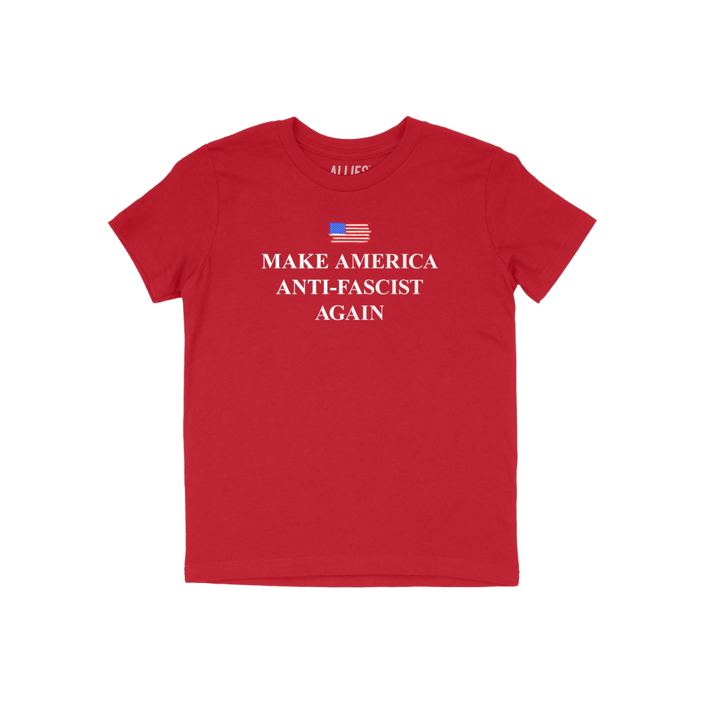 Plain red T-shirt titled Make America Anti-Fascist Again features a hand-sketched American flag graphic at chest level and bo