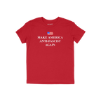 Plain red T-shirt titled Make America Anti-Fascist Again features a hand-sketched American flag graphic at chest level and bo