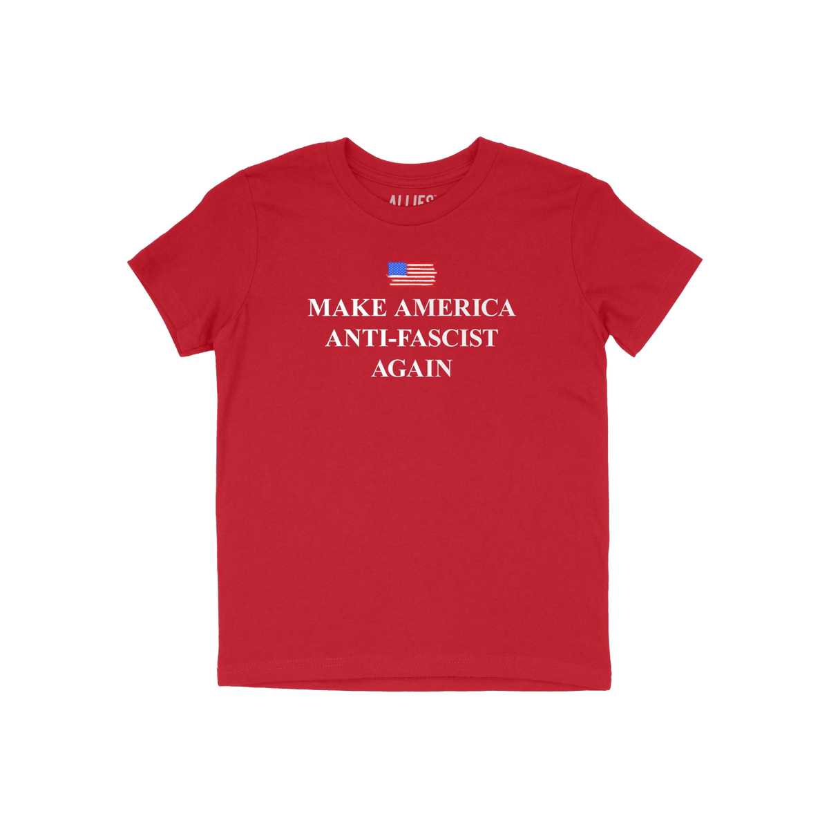 Plain red T-shirt titled Make America Anti-Fascist Again features a hand-sketched American flag graphic at chest level and bo