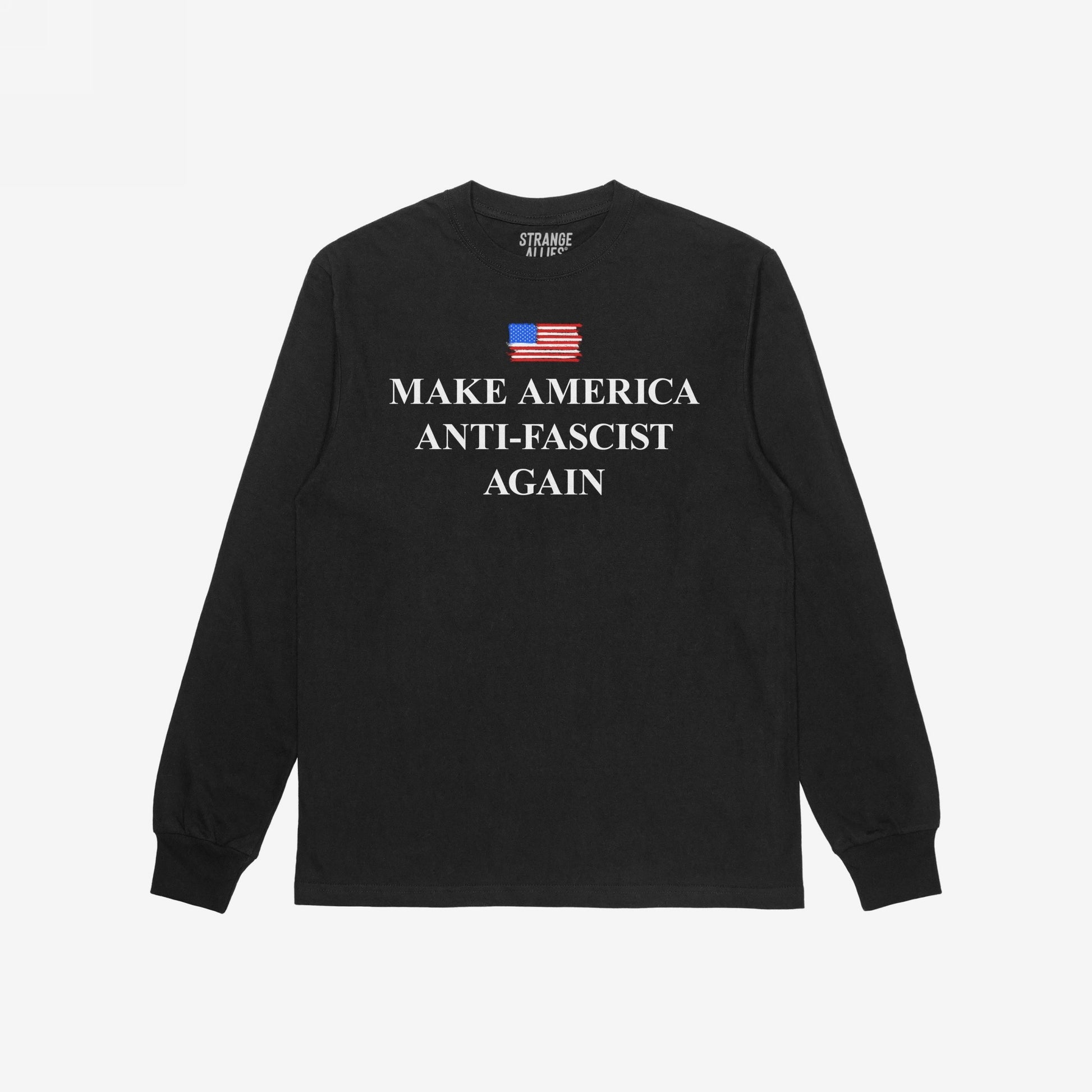 Make America Anti-Fascist Again T-shirt with a bold serif slogan beneath a distressed U.S. flag graphic, symbolizing resistance against authoritarianism and promoting progressive values. Ideal for those challenging fascist ideologies.