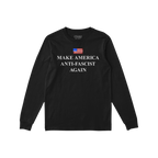 Make America Anti-Fascist Again T-shirt with a bold serif slogan beneath a distressed U.S. flag graphic, symbolizing resistan