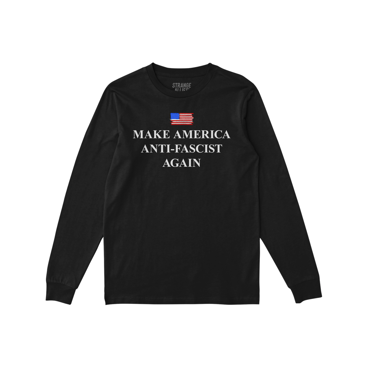 Make America Anti-Fascist Again T-shirt with a bold serif slogan beneath a distressed U.S. flag graphic, symbolizing resistan