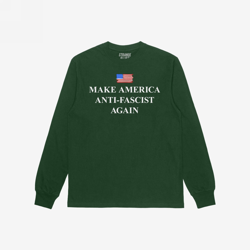 Make America Anti-Fascist Again T-shirt featuring a small American flag and bold slogan on the chest, embodying a strong anti-fascist message aligned with progressive values and equality support.