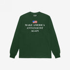 Make America Anti-Fascist Again T-shirt featuring a small American flag and bold slogan on the chest, embodying a strong anti-fascist message aligned with progressive values and equality support.