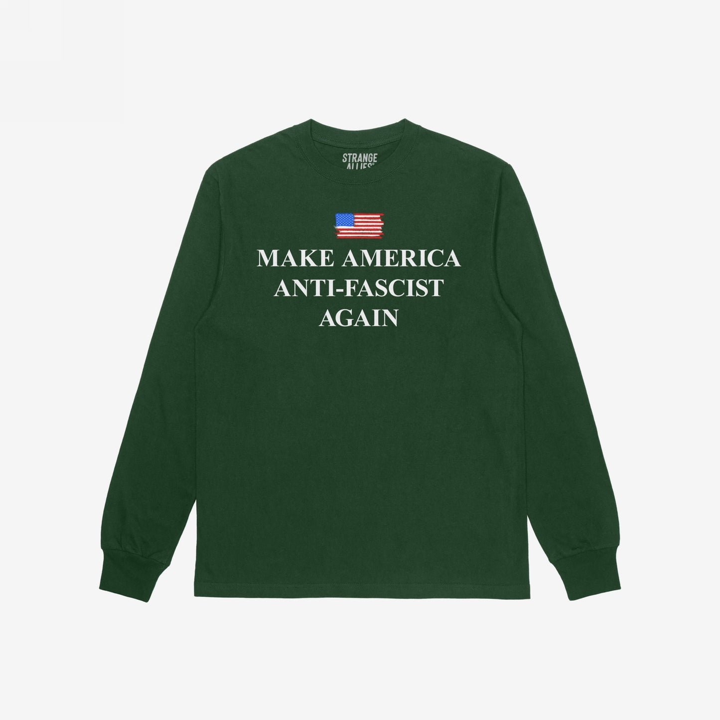 Make America Anti-Fascist Again T-shirt featuring a small American flag and bold slogan on the chest, embodying a strong anti-fascist message aligned with progressive values and equality support.