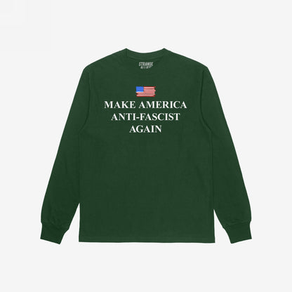 Make America Anti-Fascist Again T-shirt featuring a small American flag and bold slogan on the chest, embodying a strong anti-fascist message aligned with progressive values and equality support.