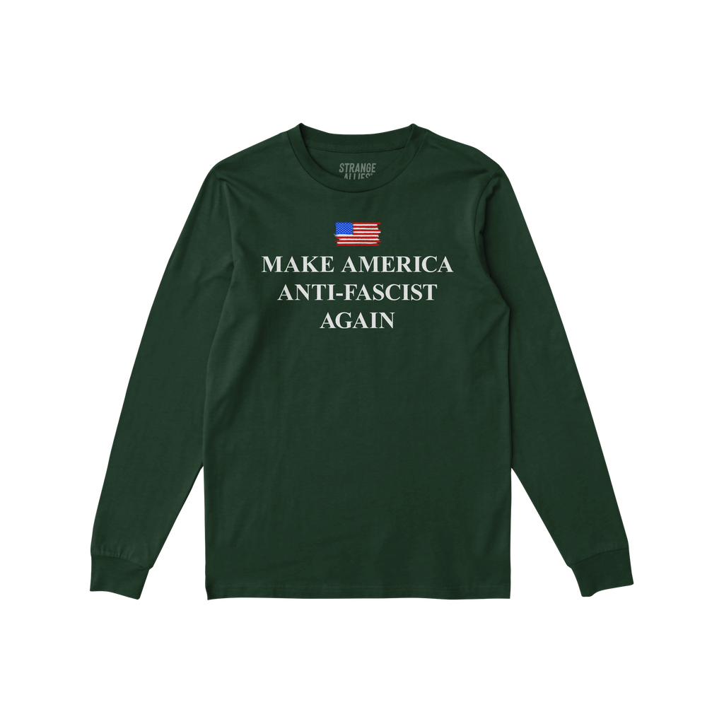 Make America Anti-Fascist Again T-shirt featuring a small American flag and bold slogan on the chest, embodying a strong anti