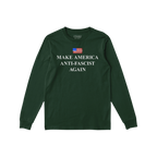 Make America Anti-Fascist Again T-shirt featuring a small American flag and bold slogan on the chest, embodying a strong anti