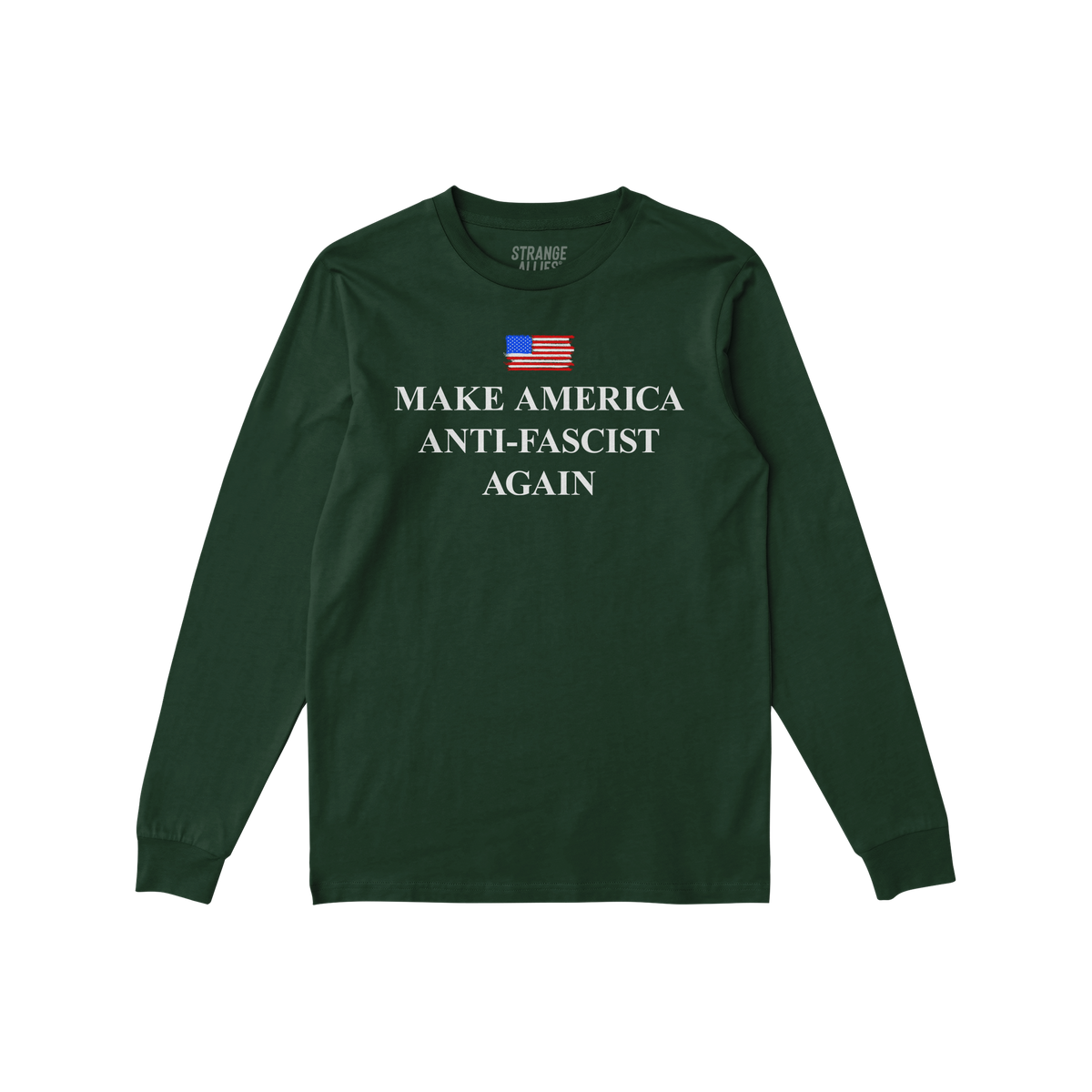 Make America Anti-Fascist Again T-shirt featuring a small American flag and bold slogan on the chest, embodying a strong anti