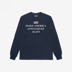 Navy-blue long-sleeve tee with a distressed U.S. flag graphic and MAKE AMERICA ANTI-FASCIST AGAIN in bold white lettering, embodying a strong anti-fascist message. Neck label reads STRANGE ALLIES.