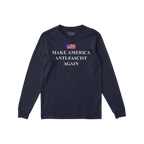 Navy-blue long-sleeve tee with a distressed U.S. flag graphic and MAKE AMERICA ANTI-FASCIST AGAIN in bold white lettering, em
