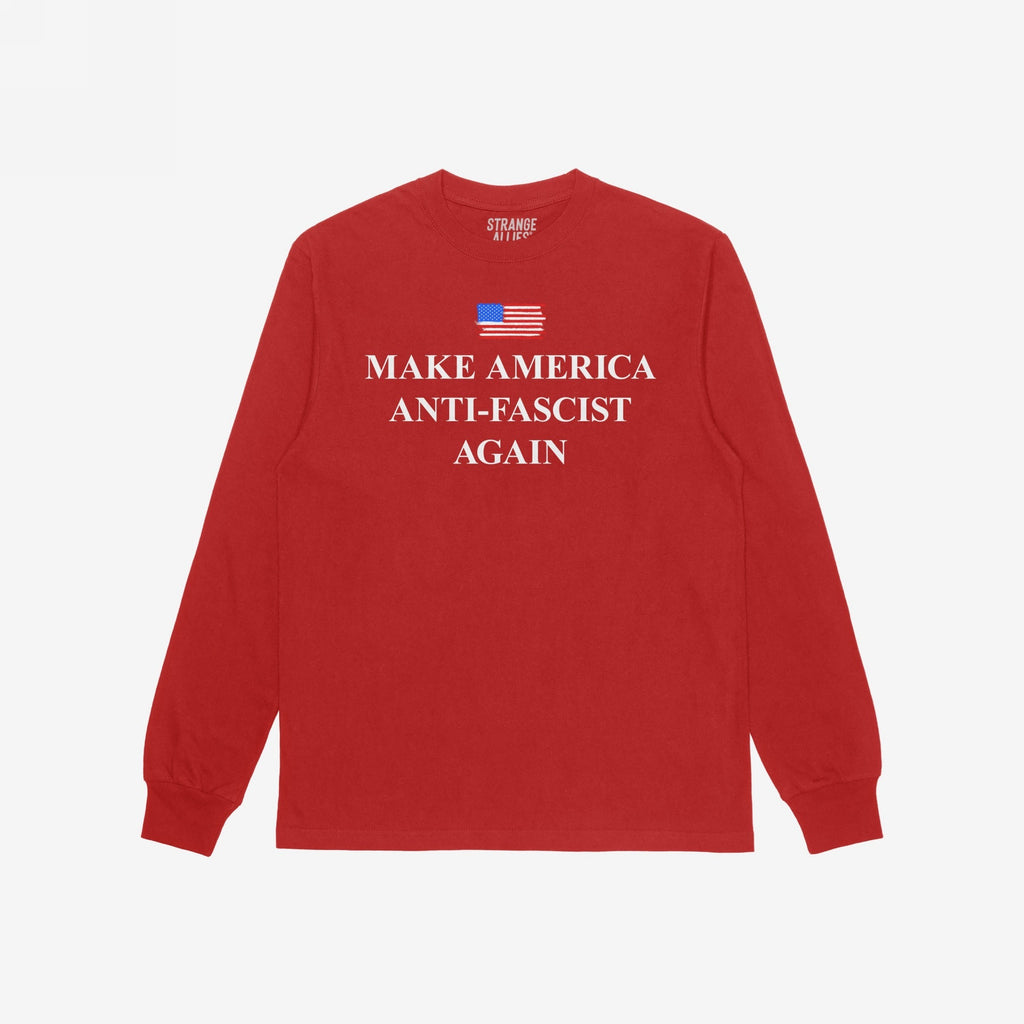 Make America Anti-Fascist Again T-shirt features a stylized American flag above its bold slogan, embodying a clear stand against fascism with a message of democracy and resistance, ideal for progressive voices.