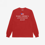 Make America Anti-Fascist Again T-shirt features a stylized American flag above its bold slogan, embodying a clear stand against fascism with a message of democracy and resistance, ideal for progressive voices.