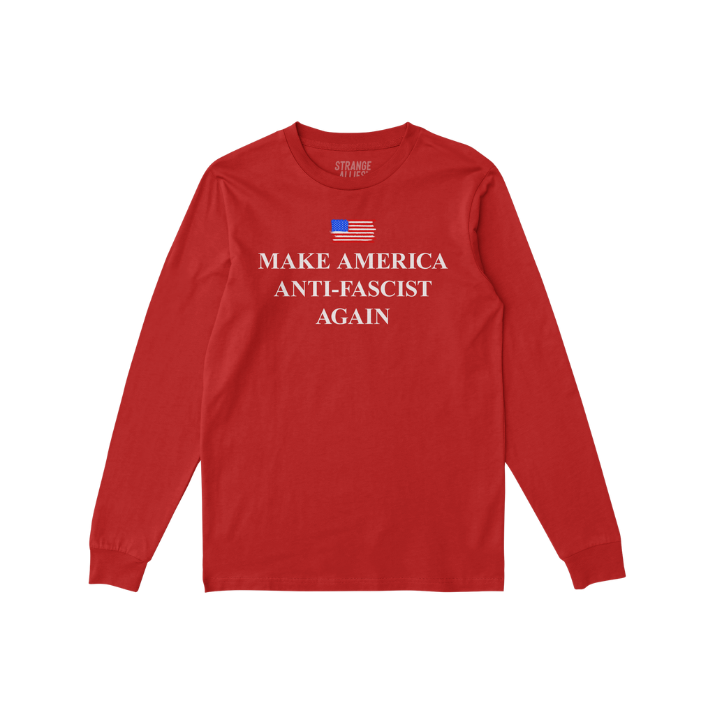 Make America Anti-Fascist Again T-shirt features a stylized American flag above its bold slogan, embodying a clear stand agai