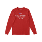 Make America Anti-Fascist Again T-shirt features a stylized American flag above its bold slogan, embodying a clear stand agai