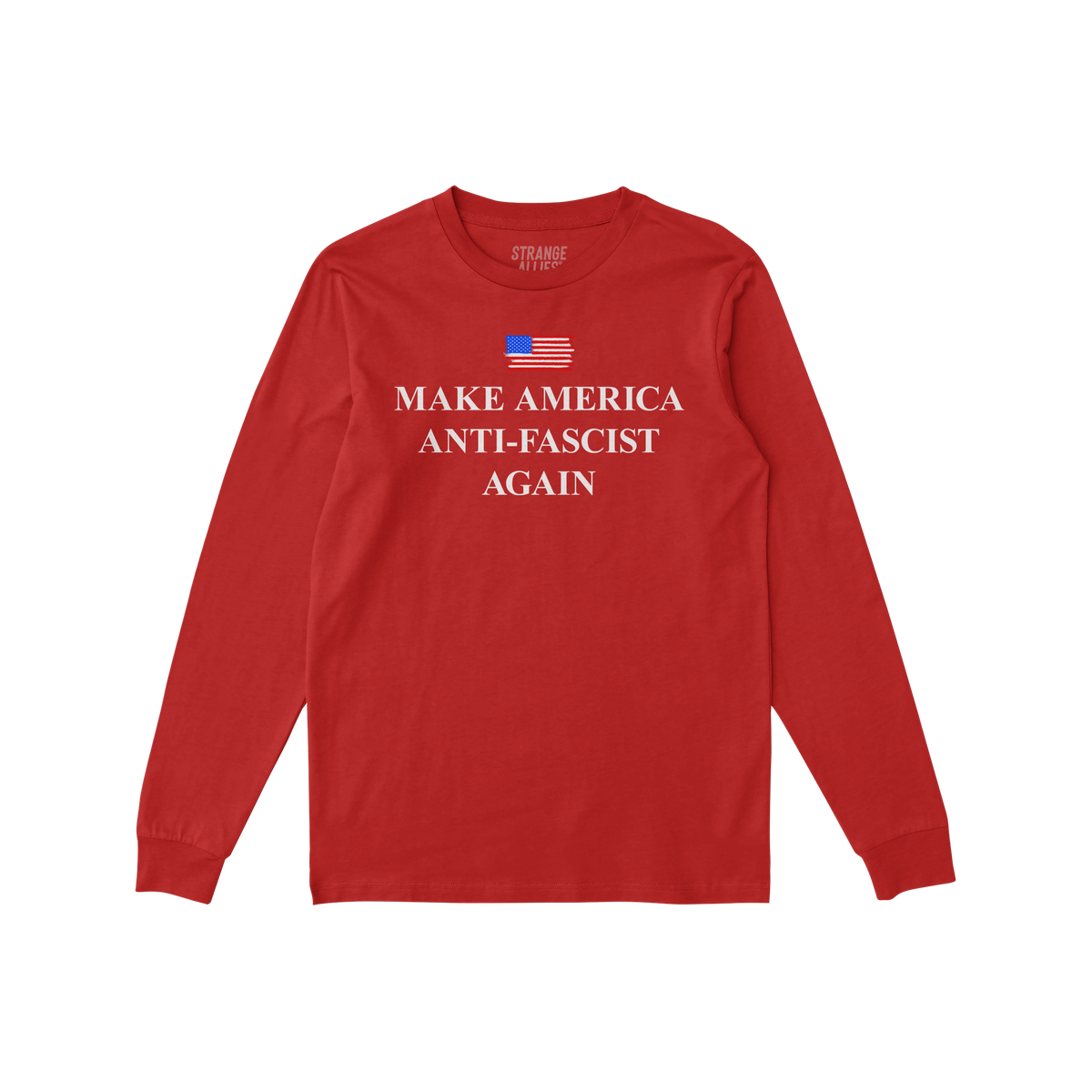 Make America Anti-Fascist Again T-shirt features a stylized American flag above its bold slogan, embodying a clear stand agai
