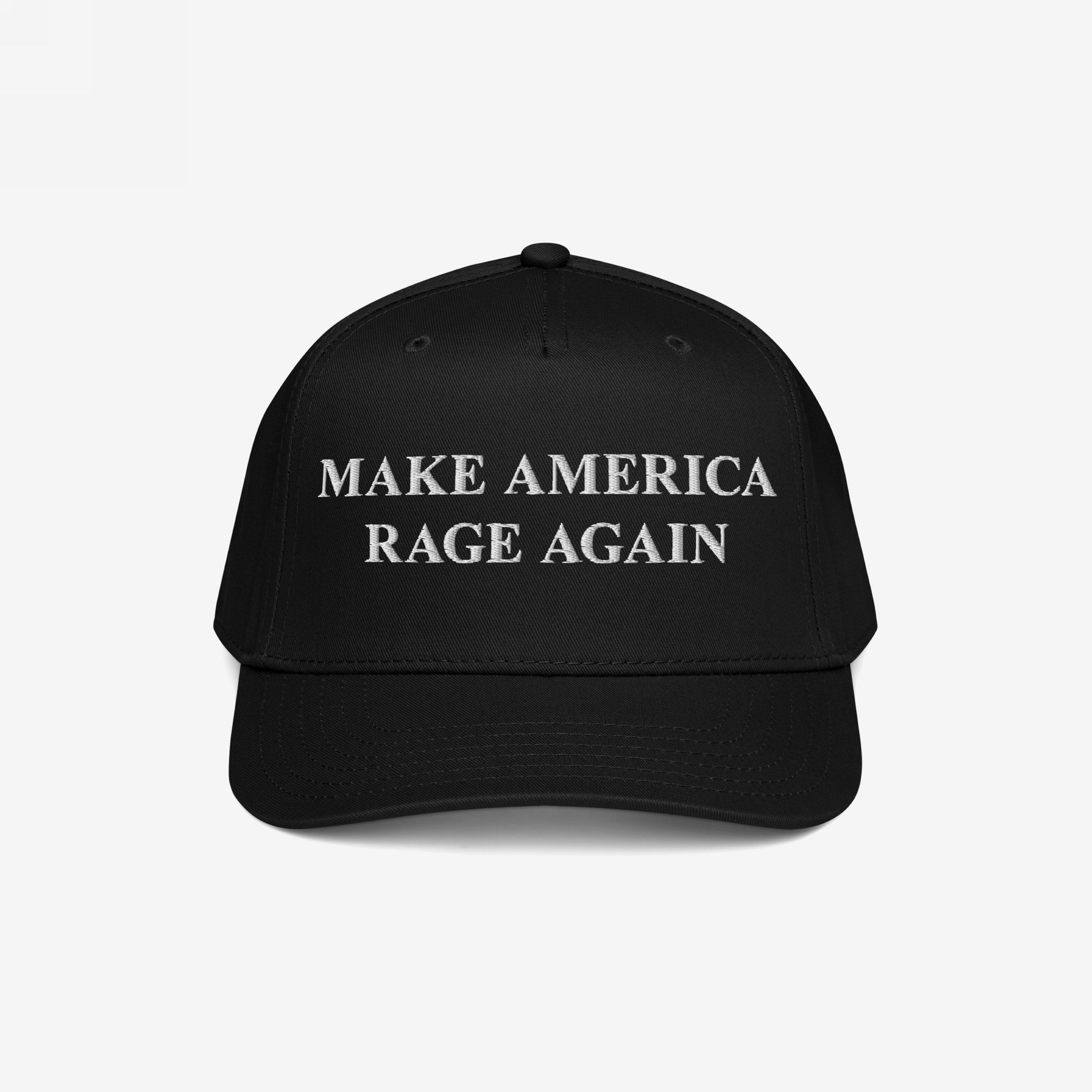 Black baseball-style cap featuring MAKE AMERICA RAGE AGAIN in white embroidery, embodying an anti-fascist message. Perfect for expressing bold values and supporting equality through fashion.