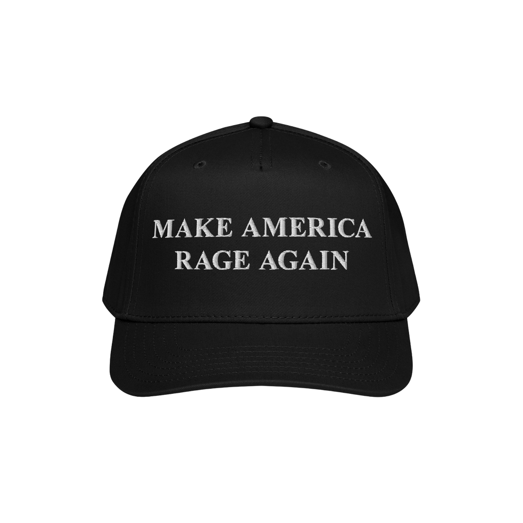 Black baseball-style cap featuring MAKE AMERICA RAGE AGAIN in white embroidery, embodying an anti-fascist message. Perfect fo