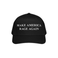 Black baseball-style cap featuring MAKE AMERICA RAGE AGAIN in white embroidery, embodying an anti-fascist message. Perfect fo