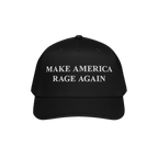 Black baseball-style cap featuring MAKE AMERICA RAGE AGAIN in white embroidery, embodying an anti-fascist message. Perfect fo