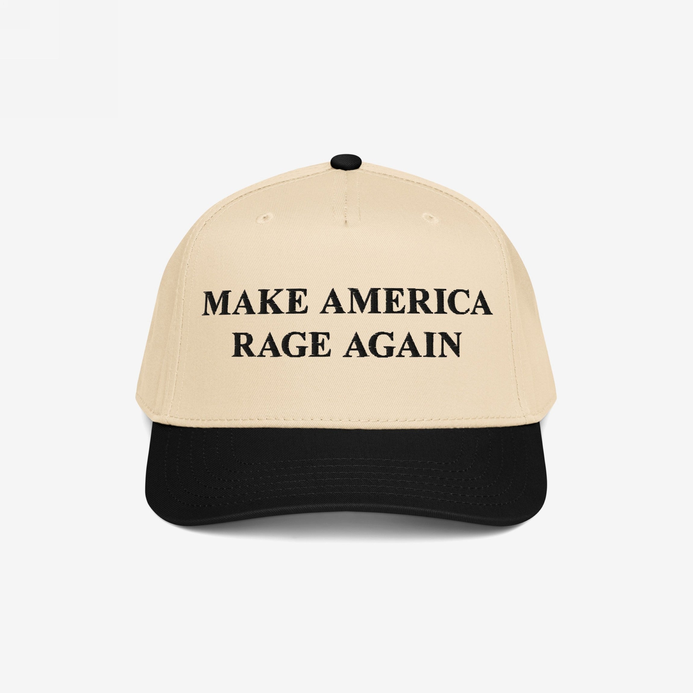 Make America Rage Again Hat featuring a light tan crown with a black brim, embroidered with bold, black serif slogan. Perfect for expressing anti-fascist values and supporting equality.