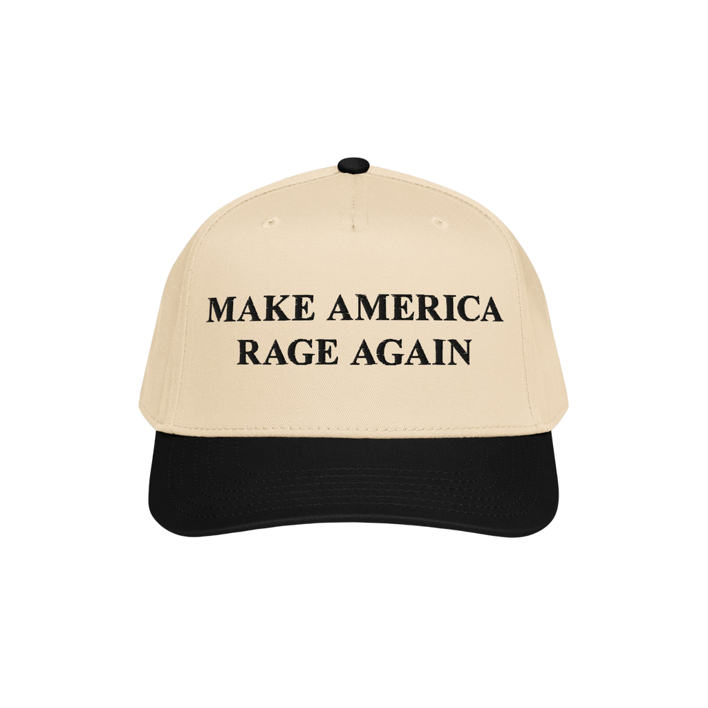 Make America Rage Again Hat featuring a light tan crown with a black brim, embroidered with bold, black serif slogan. Perfect