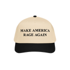 Make America Rage Again Hat featuring a light tan crown with a black brim, embroidered with bold, black serif slogan. Perfect