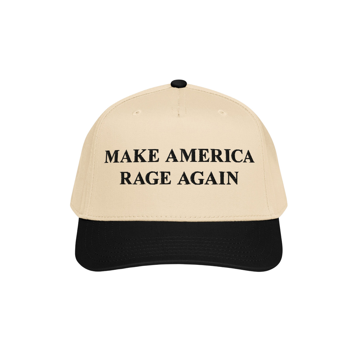 Make America Rage Again Hat featuring a light tan crown with a black brim, embroidered with bold, black serif slogan. Perfect
