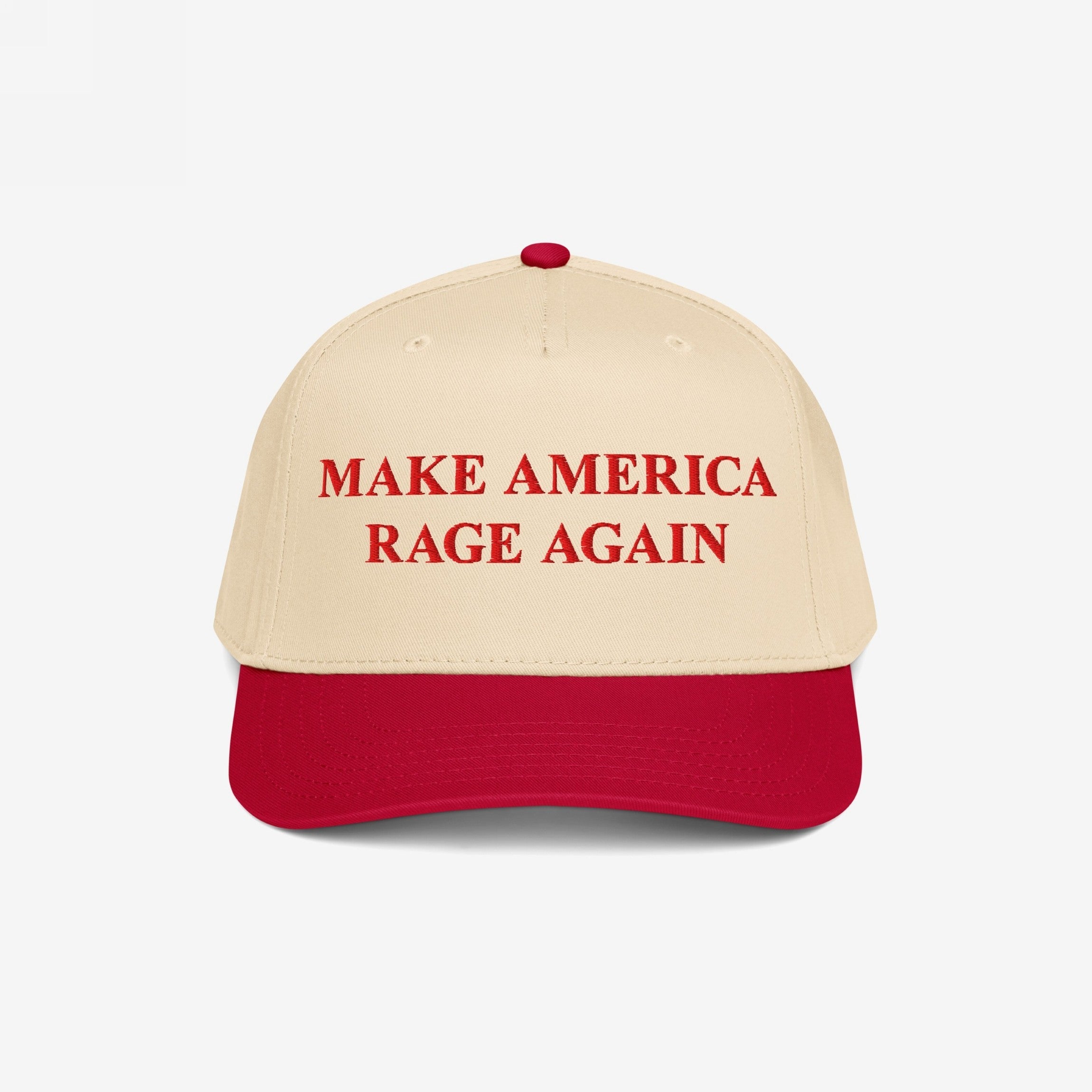 Make America Rage Again Hat featuring a cream crown with red bill, embroidered in bold red script. This anti-fascist cap embodies protest, ideal for visible activism and supporting equality.