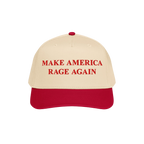 Make America Rage Again Hat featuring a cream crown with red bill, embroidered in bold red script. This anti-fascist cap embo