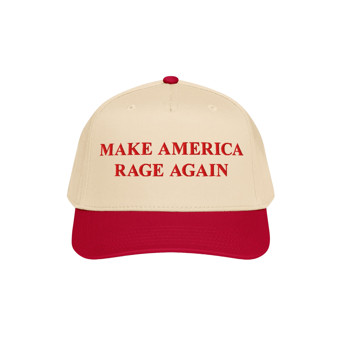 Make America Rage Again Hat featuring a cream crown with red bill, embroidered in bold red script. This anti-fascist cap embo