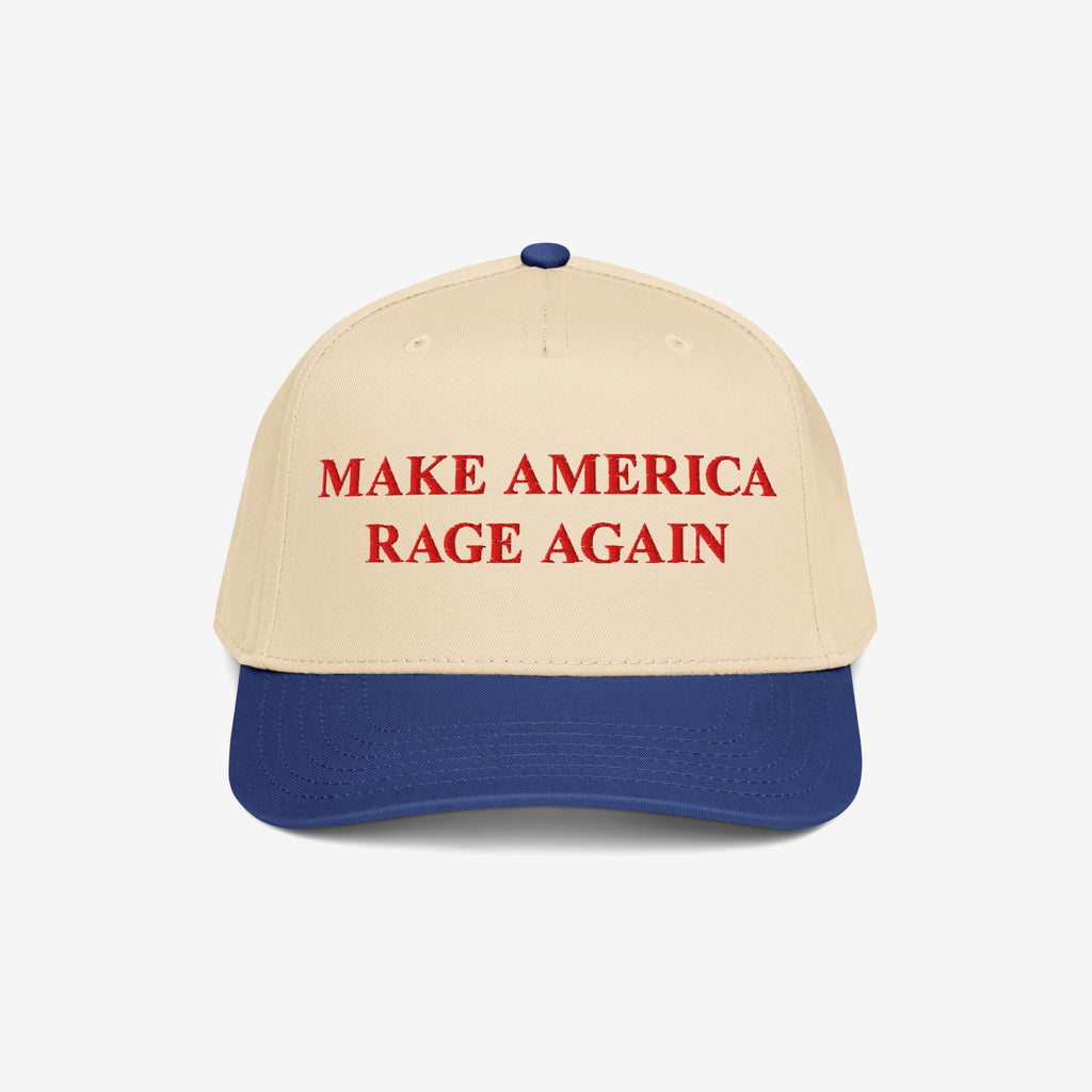 Two-tone baseball cap titled Make America Rage Again, featuring a cream crown and blue brim, with red embroidered slogan. Ideal for protest wear, available in various styles to support anti-fascist values.