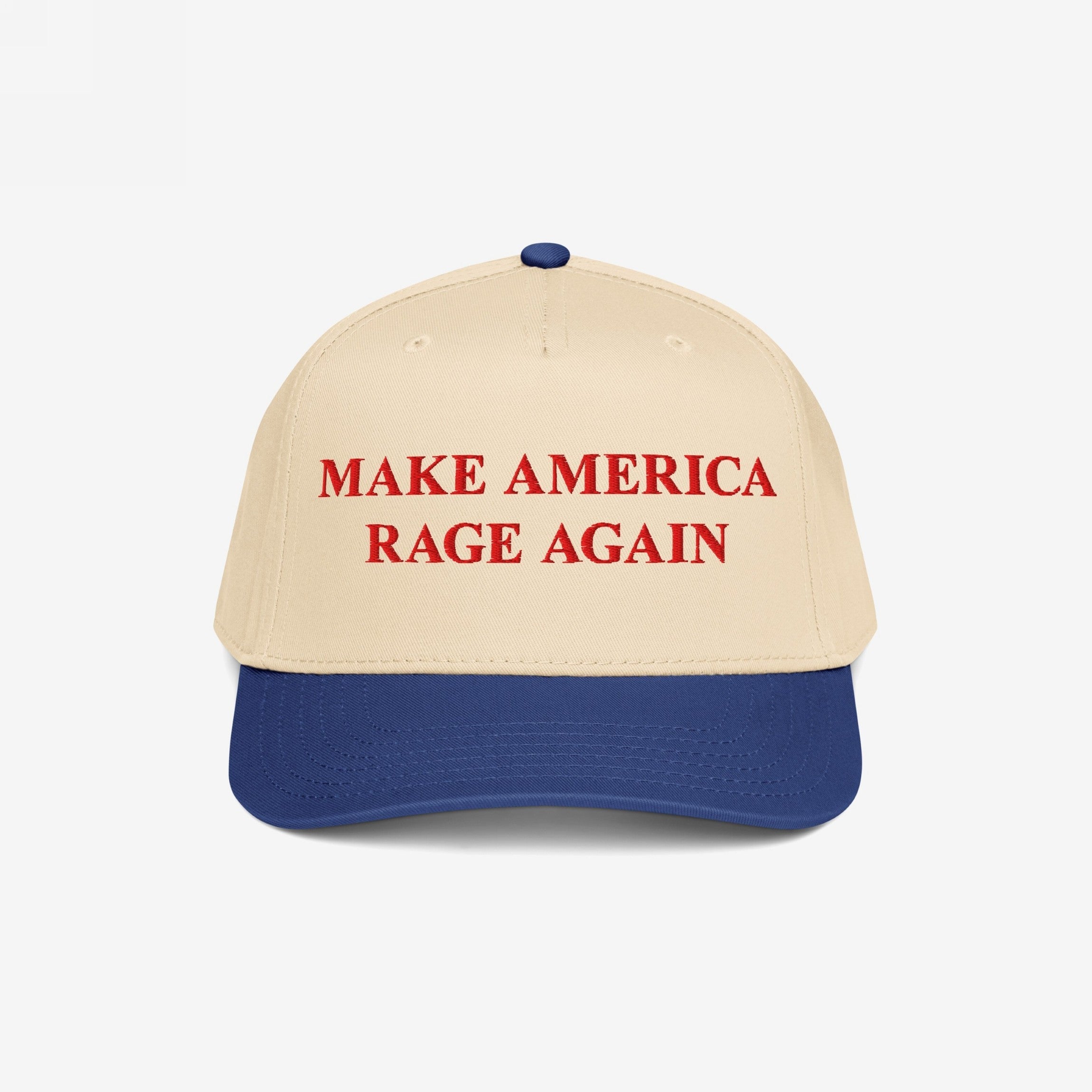 Two-tone baseball cap titled Make America Rage Again, featuring a cream crown and blue brim, with red embroidered slogan. Ideal for protest wear, available in various styles to support anti-fascist values.