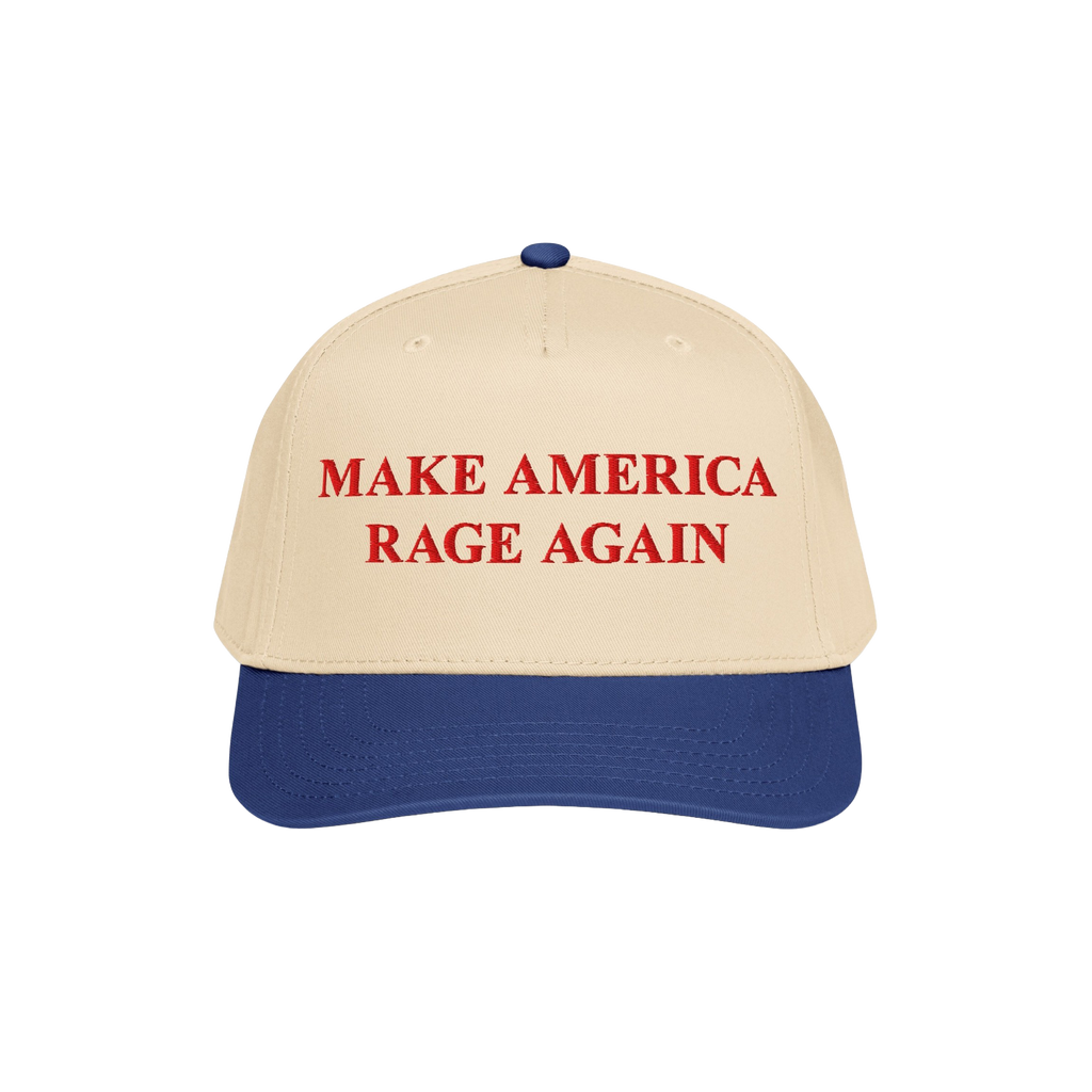 Two-tone baseball cap titled Make America Rage Again, featuring a cream crown and blue brim, with red embroidered slogan. Ide