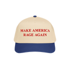 Two-tone baseball cap titled Make America Rage Again, featuring a cream crown and blue brim, with red embroidered slogan. Ide