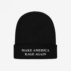 Black rib-knit beanie with folded cuff featuring MAKE AMERICA RAGE AGAIN in white embroidery, embodying anti-fascist protest values and promoting equality. Ideal for marches and everyday activism.