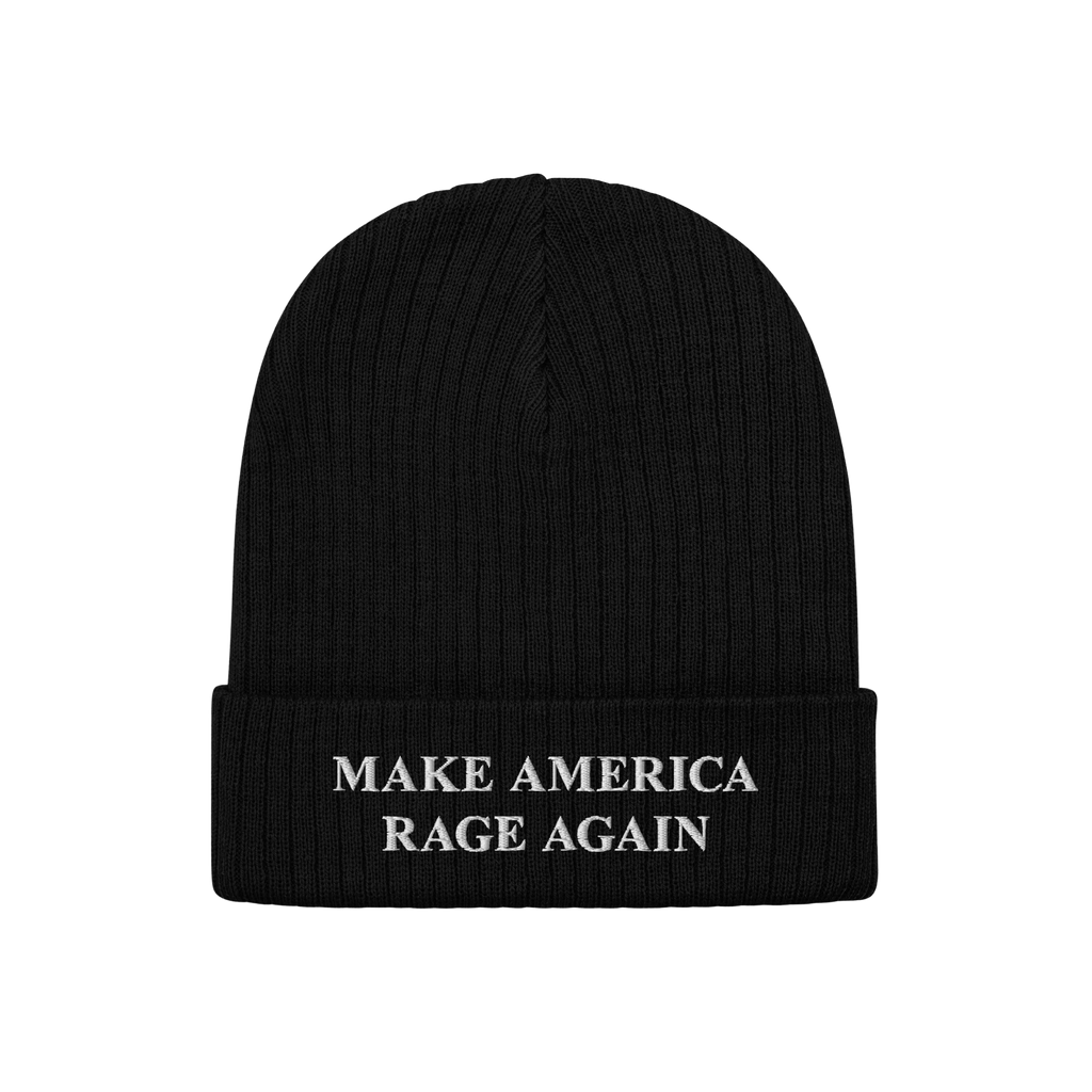 Black rib-knit beanie with folded cuff featuring MAKE AMERICA RAGE AGAIN in white embroidery, embodying anti-fascist protest 
