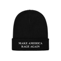 Black rib-knit beanie with folded cuff featuring MAKE AMERICA RAGE AGAIN in white embroidery, embodying anti-fascist protest 