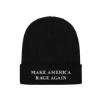 Black rib-knit beanie with folded cuff featuring MAKE AMERICA RAGE AGAIN in white embroidery, embodying anti-fascist protest 