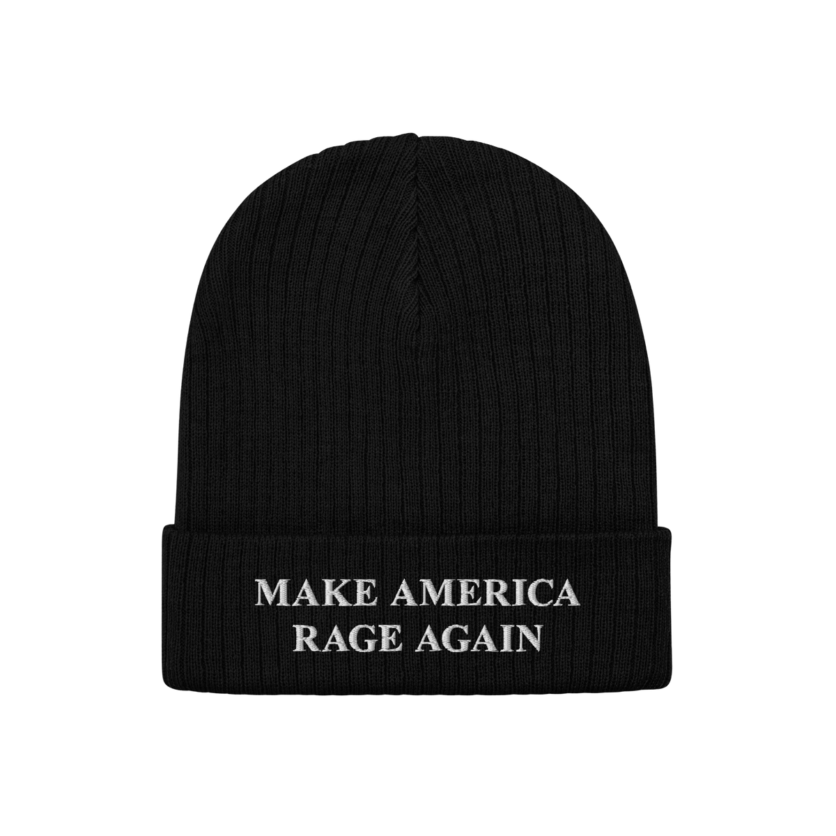 Black rib-knit beanie with folded cuff featuring MAKE AMERICA RAGE AGAIN in white embroidery, embodying anti-fascist protest 