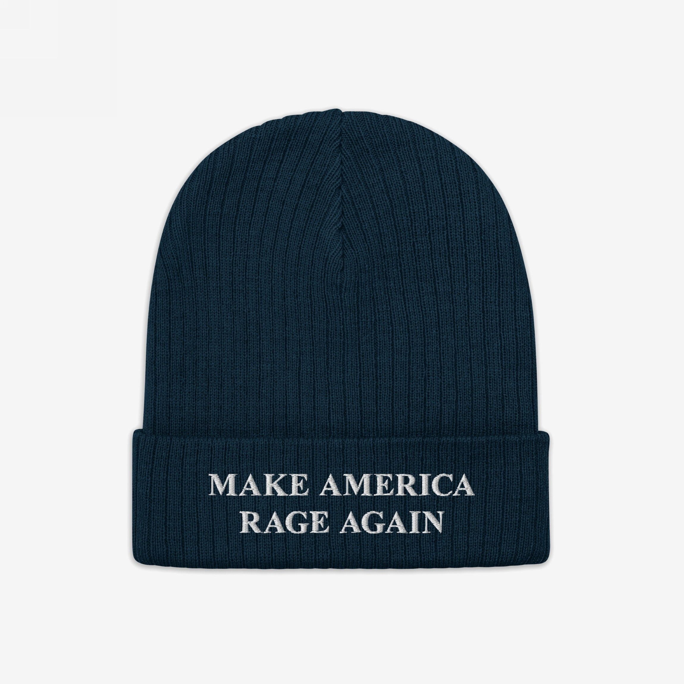 Dark navy rib-knit beanie hat with a folded cuff, featuring the embroidered phrase “MAKE AMERICA RAGE AGAIN” in white, embodying anti-fascist protest spirit from the Make America Rage Again Hat collection.