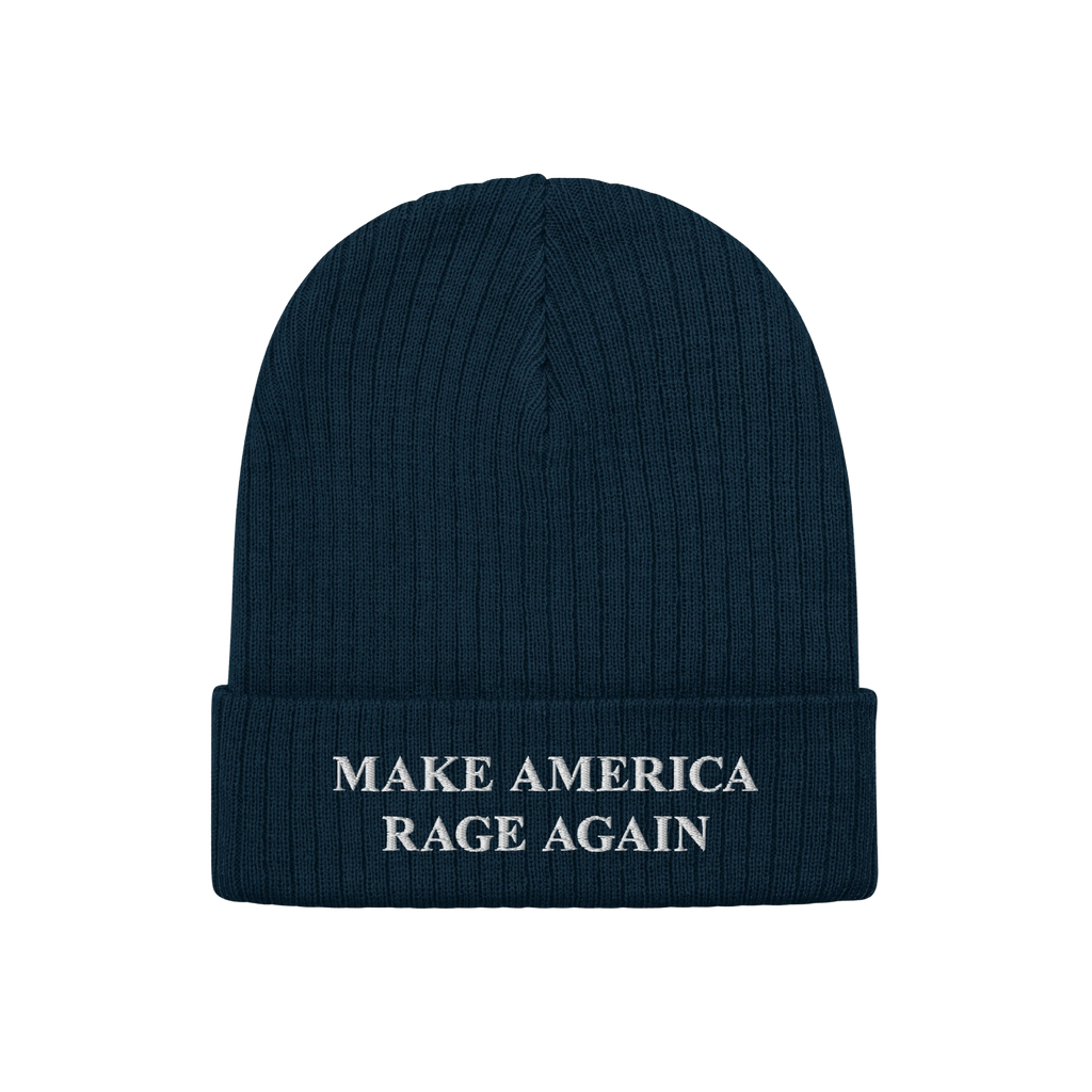 Dark navy rib-knit beanie hat with a folded cuff, featuring the embroidered phrase “MAKE AMERICA RAGE AGAIN” in white, em